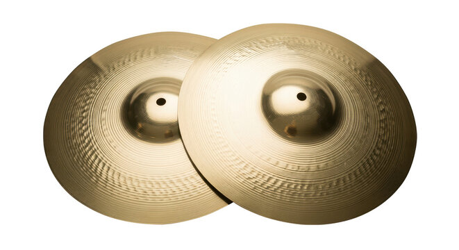 Two shiny gold cymbals isolated on transparent background with detailed texture