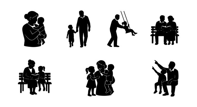 Family Silhouettes, Parent Child Icons, Love Connection Vector Set, Childhood Moments