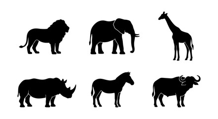 African Wildlife Silhouettes: Lion, Elephant, Giraffe, Rhino, Zebra, Buffalo Icons © Anwar
