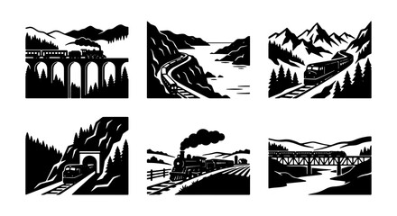 Vintage Train Landscapes, Retro Railway Scenes, Mountain & Coastal Journeys, Black & White Vector Set © Anwar