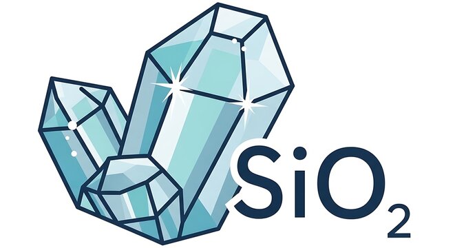 Blue Quartz Crystal Cluster Beside Sio2 Formula on White Background