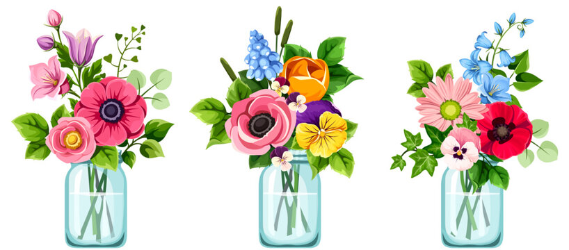 Colorful flower bouquets in blue mason jars. Pink, blue, orange, and yellow flowers and green leaves isolated on white. Set of vector illustrations