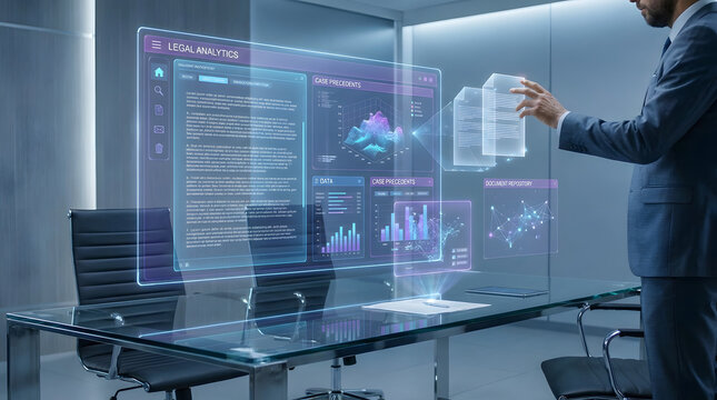Businessman interacting with futuristic AI legal analytics interface hologram in modern office conference room