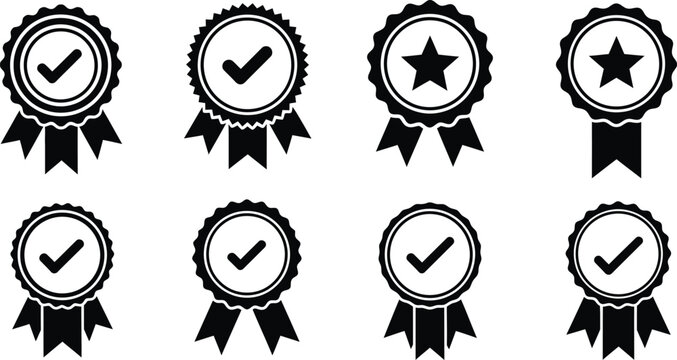 Eight black and white vector icons representing quality seals star ratings and certification badges