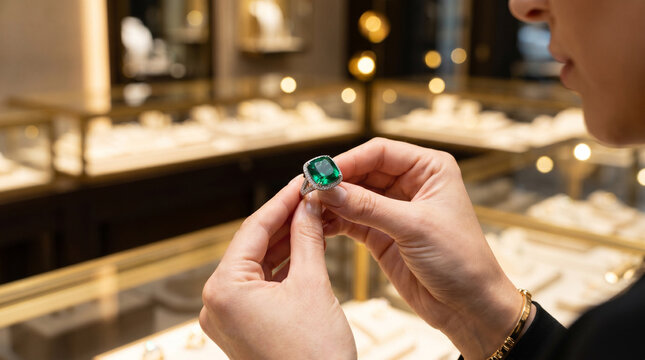 Gros plan sur les mains d'une femme examinant une luxueuse bague en &eacute;meraude dans une bijouterie concept d'achat