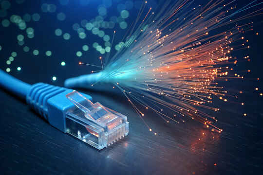 Close-up of Ethernet cable and glowing fiber optic strands symbolizing evolution of data transmission speed connectivity and innovation in modern digital technology    generative ai