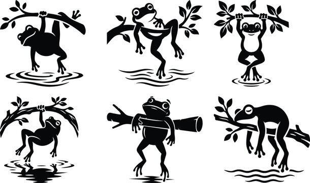 A frog hanging lazily from a branch above water bundle silhouette icon vector art illustration