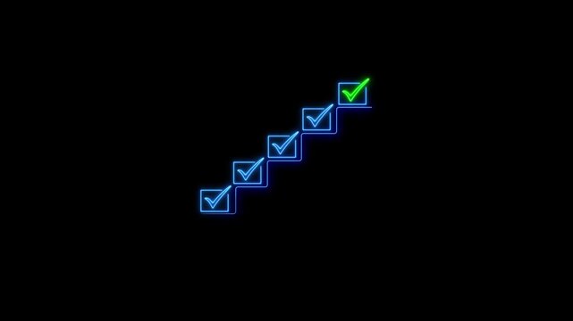 Neon checklist progress bar animation: business success and task completion concept