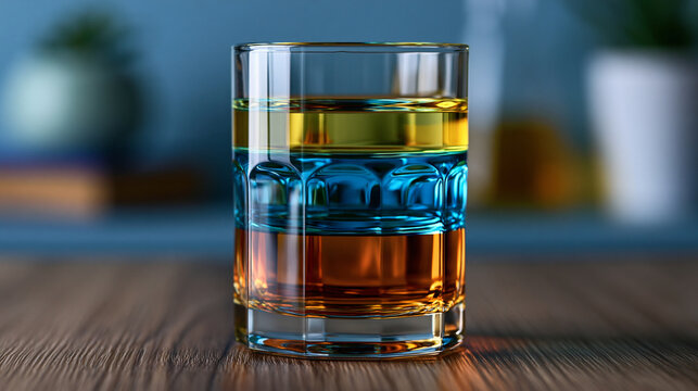 Colorful photoreal science image of layered liquids in a transparent glass cylinder showing density and fluid separation