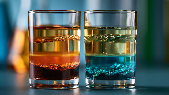Colorful clean science photo of layered liquids in a transparent glass cylinder showing density and fluid separation
