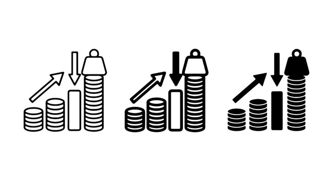 Growth and Decline Icons: Upward Arrow, Stacked Coins, Downward Arrow, Weight Symbol, Vector Set