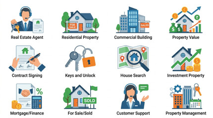 Naklejka premium Real Estate Icons Representing Various Property Services.