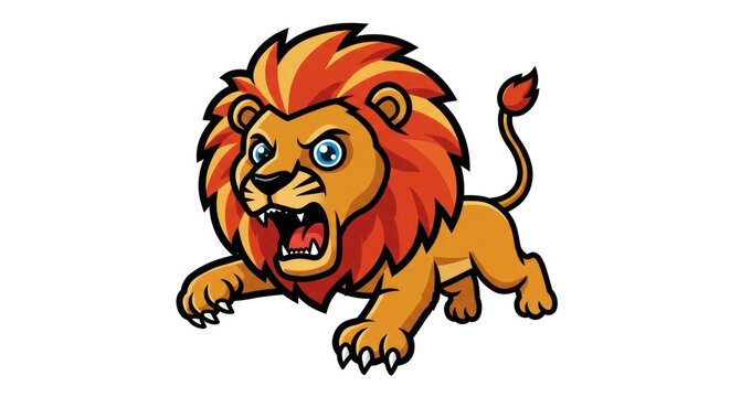 A cartoon lion is aggressively crawling forward in a threatening stance.