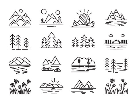 Minimalist mountain landscape line art collection with trees flowers lakes and outdoor nature scenery icons.