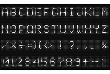 Naklejka na ściany i meble Led digital font, electronic display alphabet, electronic numbers and letters of digital ticker board, vector