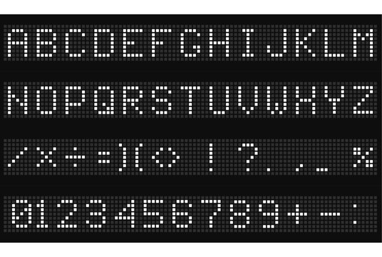 Led digital font, electronic display alphabet, electronic numbers and letters of digital ticker board, vector