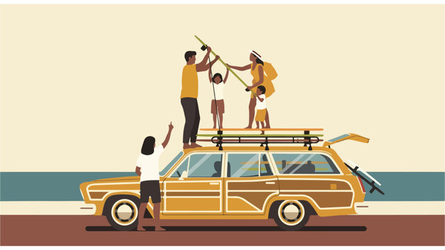 Family loading surfboards on car at beach vacation