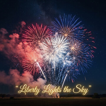Red White and Blue Fireworks Display with Liberty Lights the Sky Text