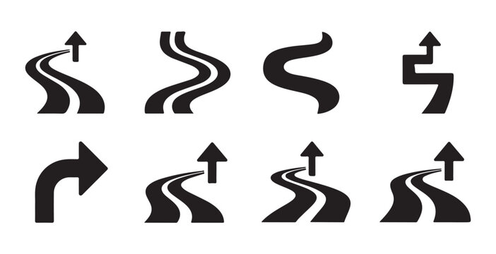 Abstract winding road icons set with arrows showing direction and perspective for navigation path concepts.