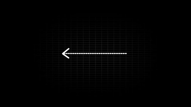 Left arrow direction icon with dotted line animation on black background. dot arrows icon sign animated with alpha channel. Black straight arrows animation.