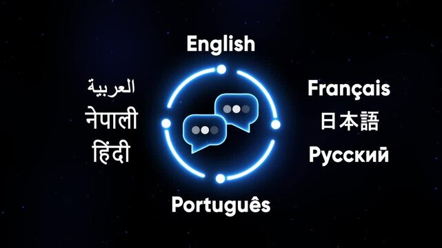 Global language translation and communication concept with glowing neon interface