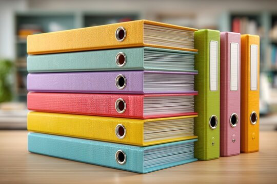 Stack of colorful binders on wooden desk office background