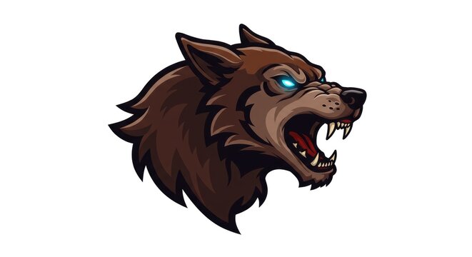 A cartoon illustration of a snarling wolf's head with sharp teeth and glowing eyes.