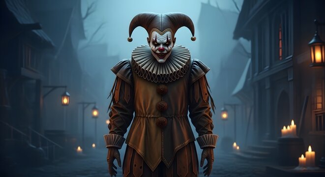 Creepy halloween jester dark gothic clown in a spooky street scene for horror designs