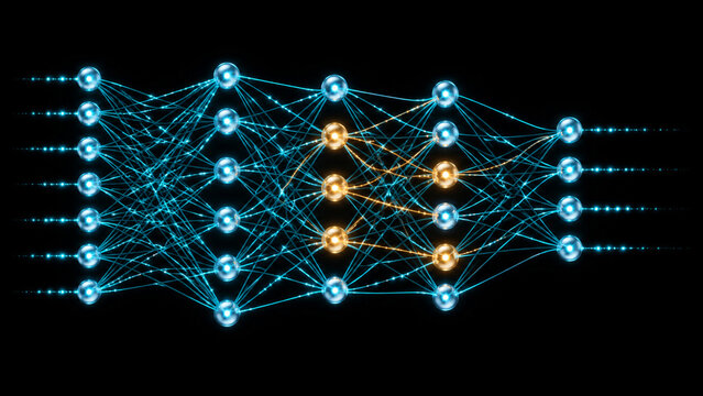 Neural network with golden threat-detection nodes representing AI cybersecurity