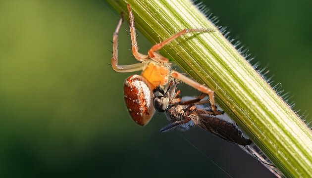 close up macro of a spider devouring an insect on a green stem showcasing intricate details