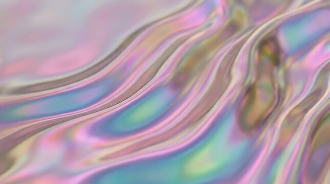Abstract holographic liquid background with soft iridescent waves and ripples futuristic fluid texture with metallic sheen and pastel rainbow color gradients for modern design projects