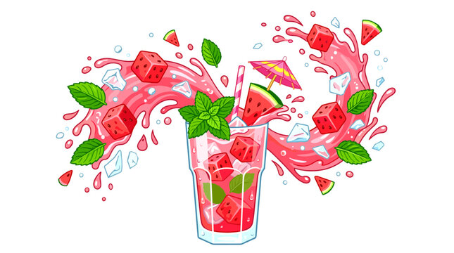 Refreshing watermelon splash drink with ice cubes, mint leaves, and umbrella illustration