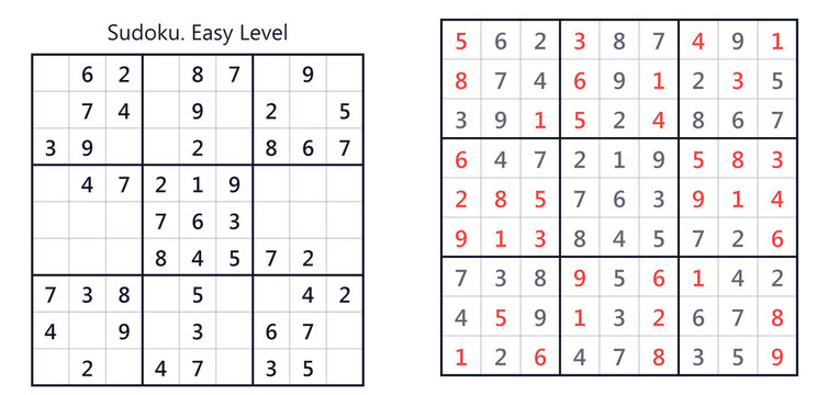 Sudoku puzzle with easy level grid and completed solution  