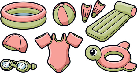 Cute children swimming gear illustrations including goggles swim cap flippers and paddling pool. © MdMojnu