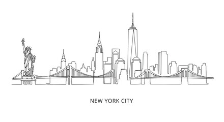 New york city skyline with iconic landmarks in line art statue of liberty empire state building © Line Lab
