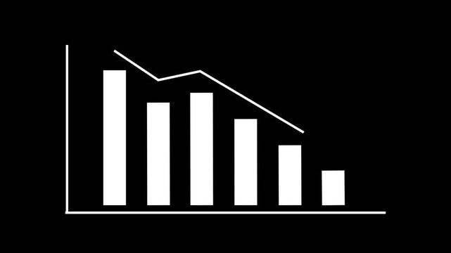 White bar chart animation with a downward arrow on a black background. Business statistics, financial decline, market crash, and negative growth concept.&rdquo;