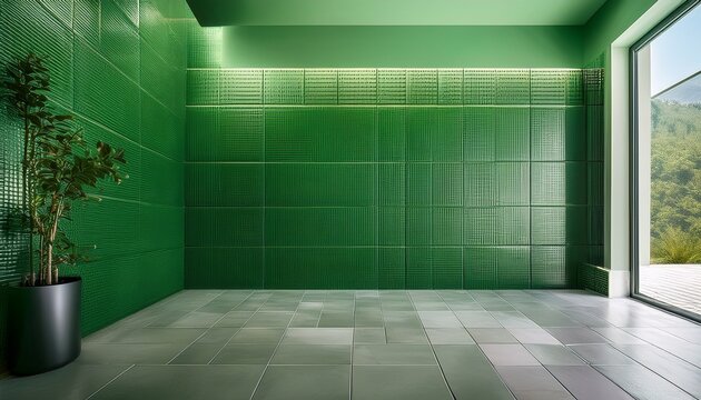 sleek modern green tile wall and matching floor minimalist interior concept
