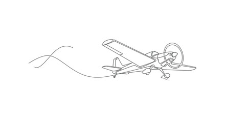 Obraz premium Continuous one line drawing of a small propeller airplane flying with a wavy trail behind
