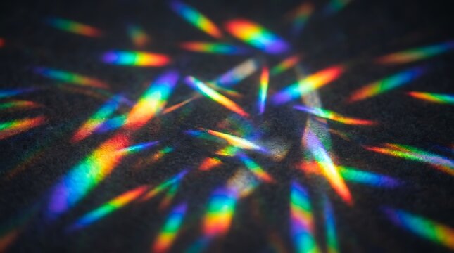 Abstract background with colorful light refraction, rainbow spectrum rays, prism dispersion, lens flare, vibrant light leaks, glowing prismatic streaks on a dark textured surface