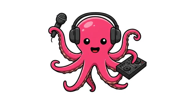 A pink octopus wearing headphones holds a microphone and a sound mixer.