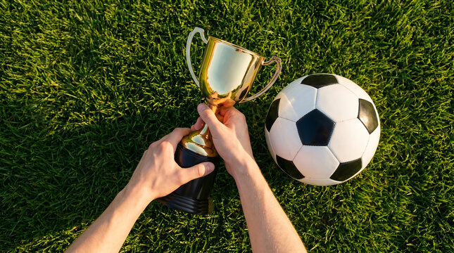 Person holding World Cup trophy with soccer ball on green grass field