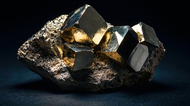 Golden pyrite mineral cluster with metallic cubic crystals on dark black background
