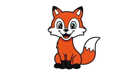 Naklejka premium A cute cartoon fox sits smiling happily outdoors in a natural landscape.