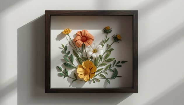 There is a picture of a picture of flowers in a shadow box