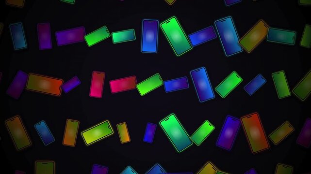 glowing neon smartphone screens abstract technology background with colorful mobile devices, futuristic colorful phone pattern with vibrant neon glow digital tech backdrop 4k