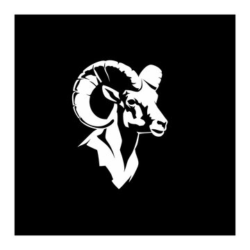 Stylized ram head emblem in clean vector art style against dark background.