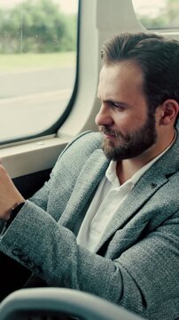 Man, phone and photo in bus at window for sightseeing, research or location for real estate development. Person, passenger and realtor on public transport, mobile app or record for property expansion