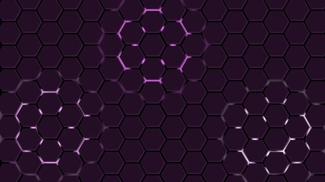 Dark hexagonal honeycomb pattern background animation, Hexagonal honeycomb pattern with three highlighted clusters and subtle glossy reflections
