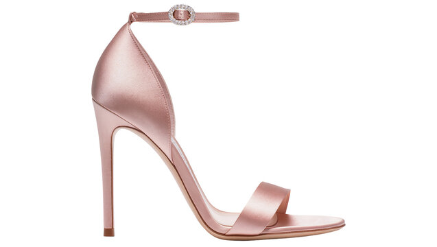 Elegant rose gold satin stiletto sandal with ankle strap, isolated on transparent background