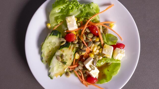 Rotating Plate of Healthy Salad with Lettuce, Carrots, Cucumbers, Tomatoes, Peppers, Feta and Sunflower Seeds 
